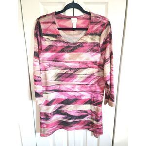 Chico's‎ Women's 2 (L) Pink Tan Sparkle Side Angle Top Striped Blouse